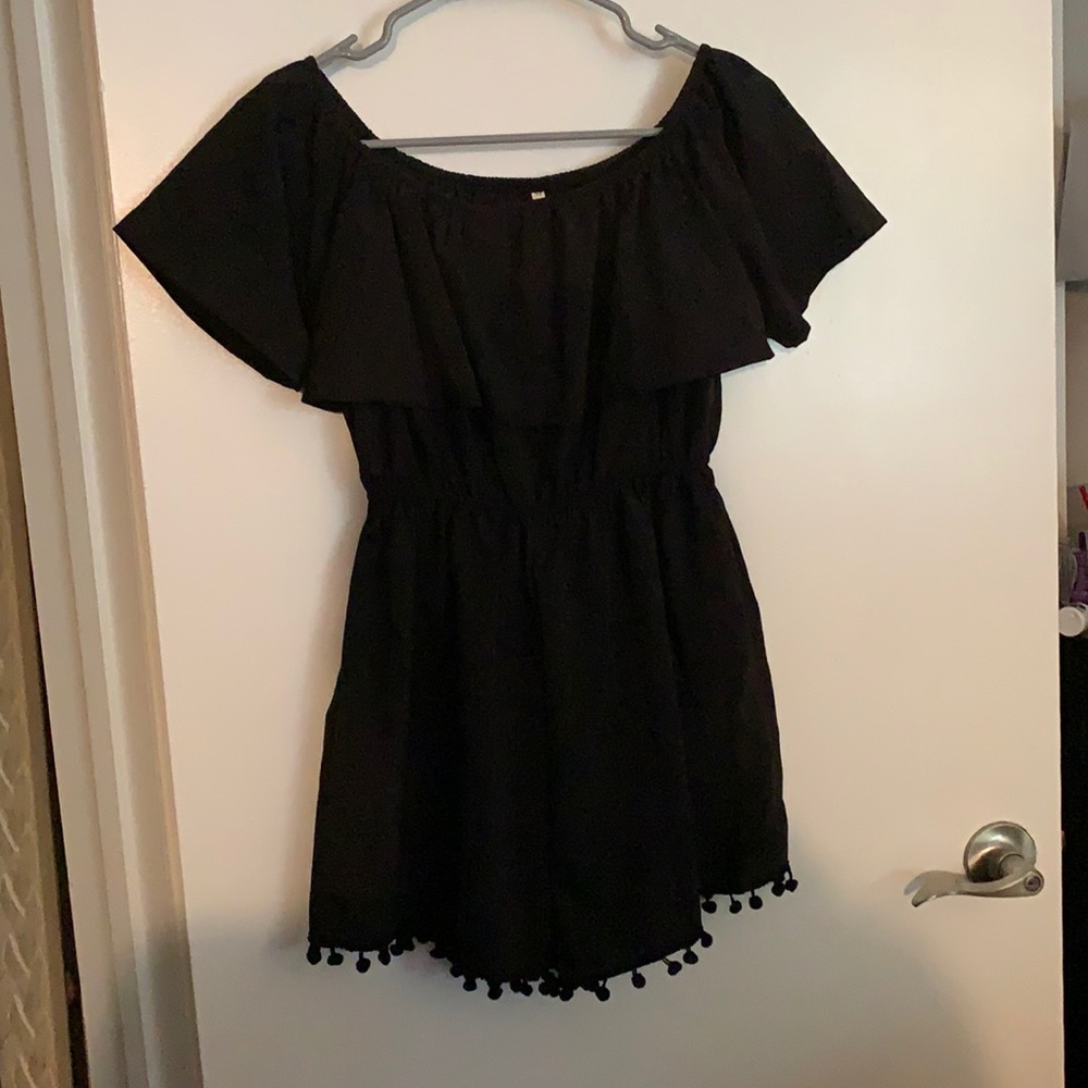 Medium, black, off the shoulder, ruffle, pom pom romper